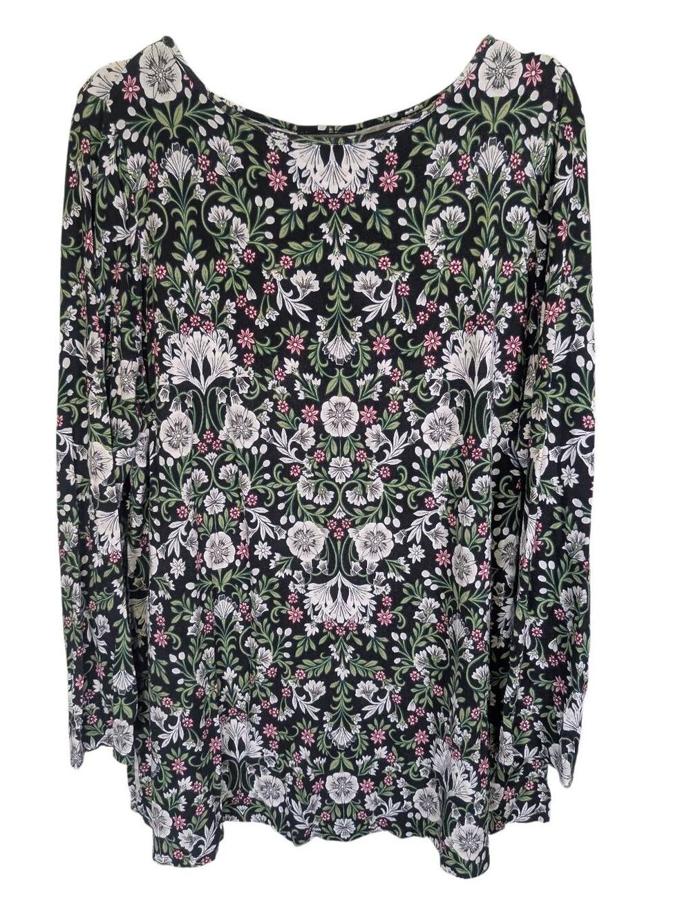 J. Jill long-sleeve top black fabric with a white, pink, and green botanical flo